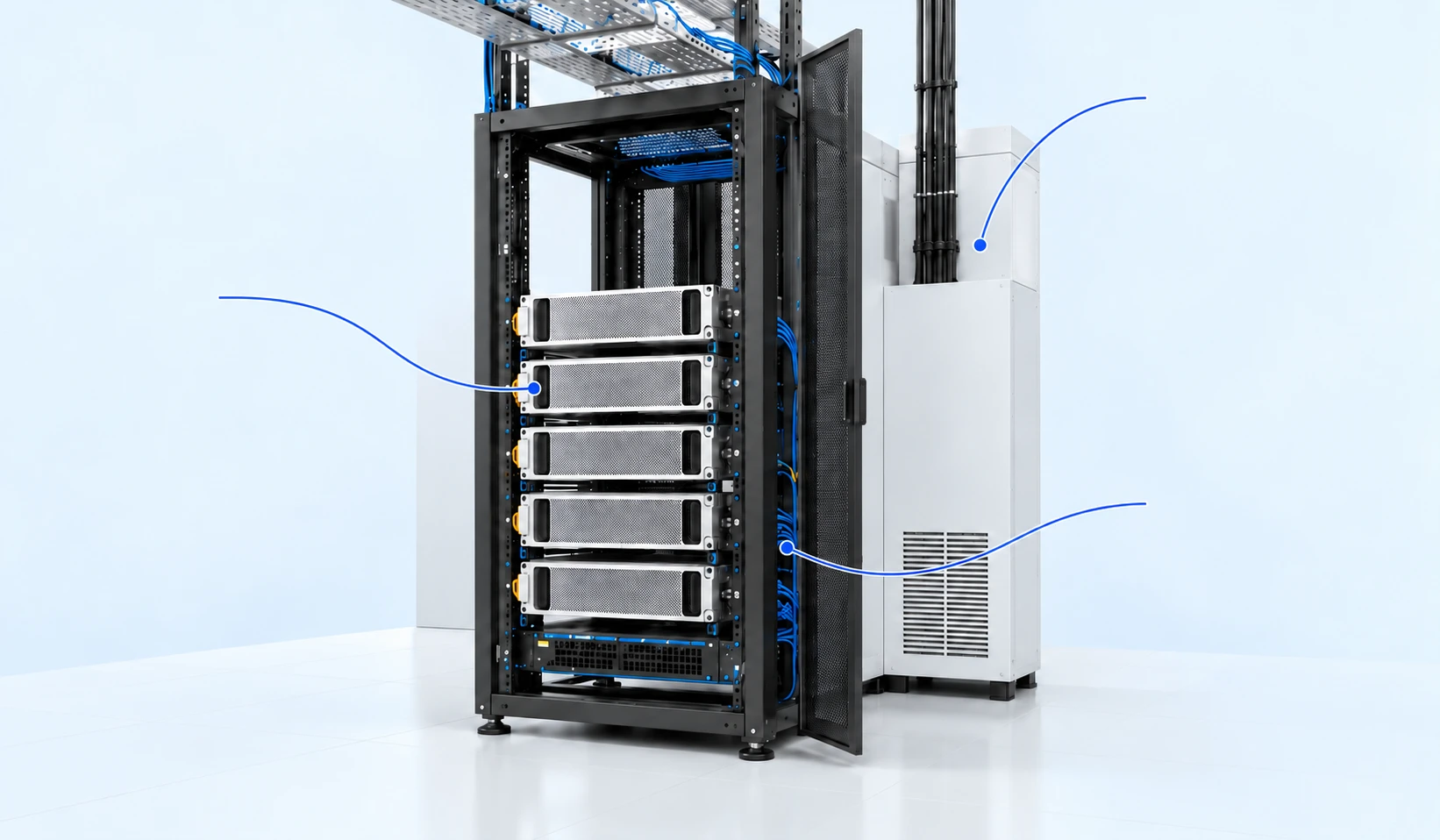 Illustration of customer-owned GPU servers within a shared rack, with supporting power, cooling and network infrastructure.